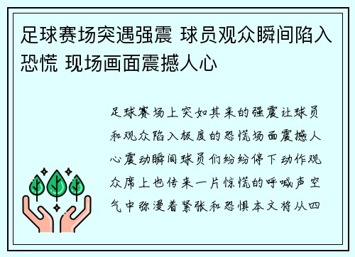 足球赛场突遇强震 球员观众瞬间陷入恐慌 现场画面震撼人心