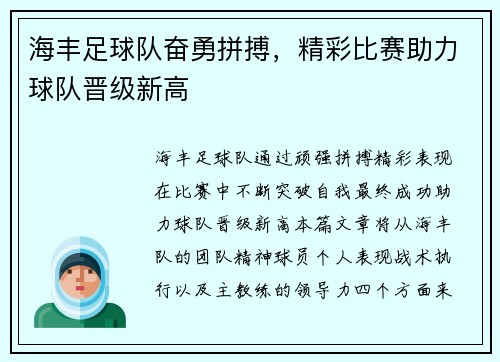 海丰足球队奋勇拼搏，精彩比赛助力球队晋级新高