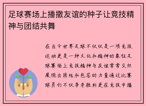 足球赛场上播撒友谊的种子让竞技精神与团结共舞