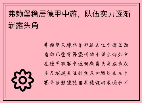 弗赖堡稳居德甲中游，队伍实力逐渐崭露头角