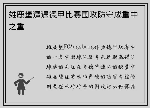 雄鹿堡遭遇德甲比赛围攻防守成重中之重