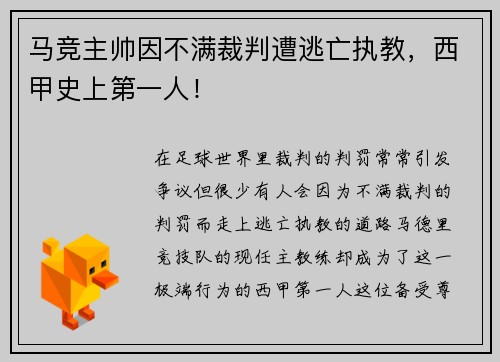 马竞主帅因不满裁判遭逃亡执教，西甲史上第一人！