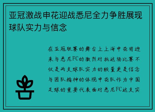 亚冠激战申花迎战悉尼全力争胜展现球队实力与信念