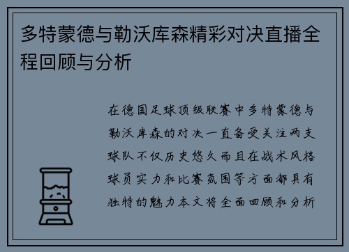 多特蒙德与勒沃库森精彩对决直播全程回顾与分析