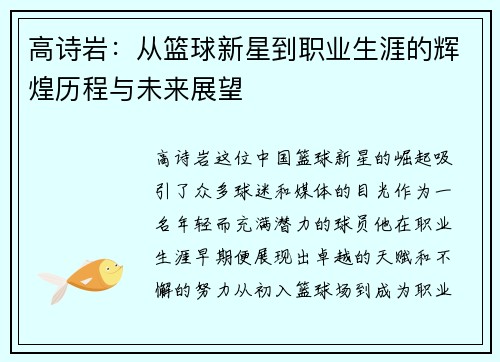 高诗岩：从篮球新星到职业生涯的辉煌历程与未来展望