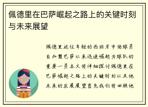 佩德里在巴萨崛起之路上的关键时刻与未来展望