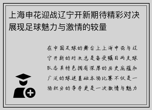 上海申花迎战辽宁开新期待精彩对决展现足球魅力与激情的较量