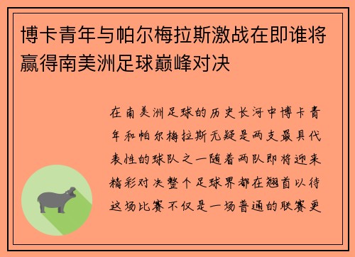 博卡青年与帕尔梅拉斯激战在即谁将赢得南美洲足球巅峰对决