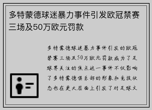 多特蒙德球迷暴力事件引发欧冠禁赛三场及50万欧元罚款