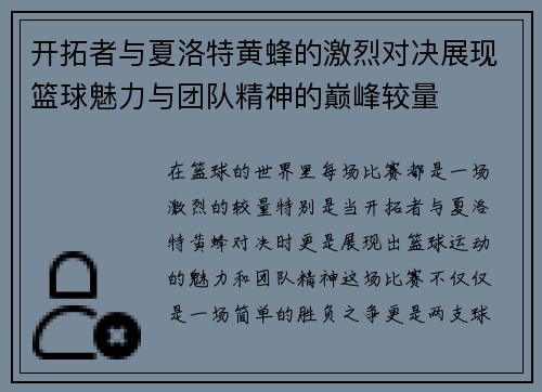 开拓者与夏洛特黄蜂的激烈对决展现篮球魅力与团队精神的巅峰较量