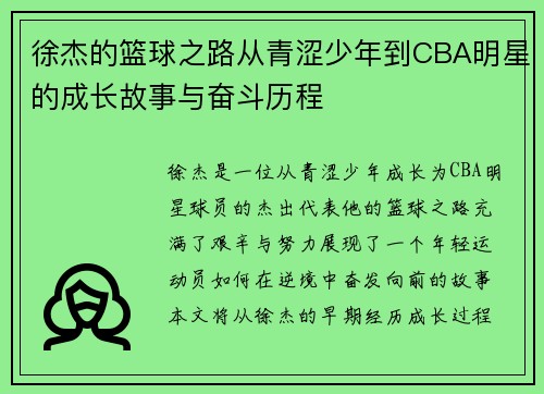 徐杰的篮球之路从青涩少年到CBA明星的成长故事与奋斗历程