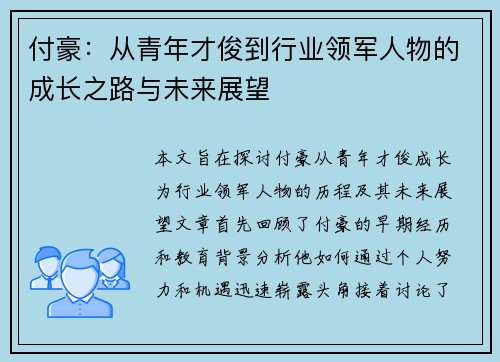 付豪：从青年才俊到行业领军人物的成长之路与未来展望