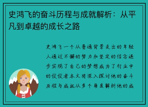 史鸿飞的奋斗历程与成就解析：从平凡到卓越的成长之路