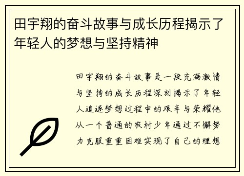 田宇翔的奋斗故事与成长历程揭示了年轻人的梦想与坚持精神