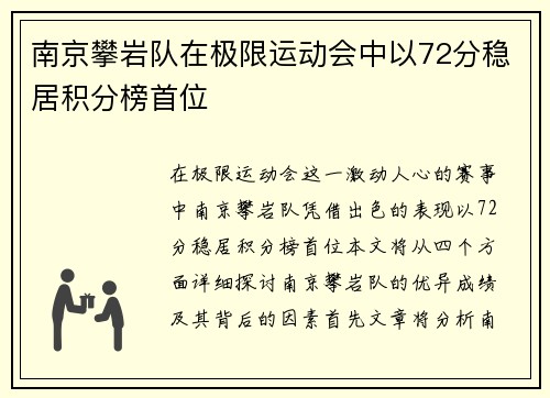 南京攀岩队在极限运动会中以72分稳居积分榜首位