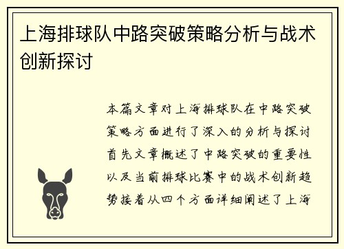上海排球队中路突破策略分析与战术创新探讨
