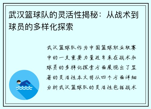 武汉篮球队的灵活性揭秘：从战术到球员的多样化探索