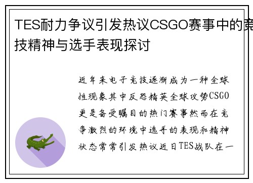 TES耐力争议引发热议CSGO赛事中的竞技精神与选手表现探讨