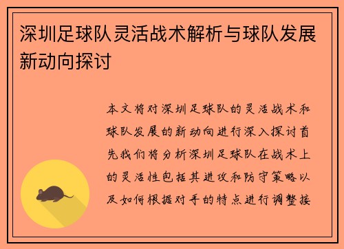 深圳足球队灵活战术解析与球队发展新动向探讨